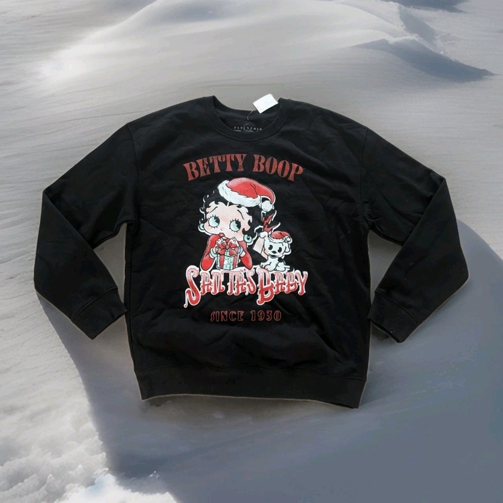NWT Women's Large Betty Boop Santa's Baby Christmas Sweatshirt Black Pullover